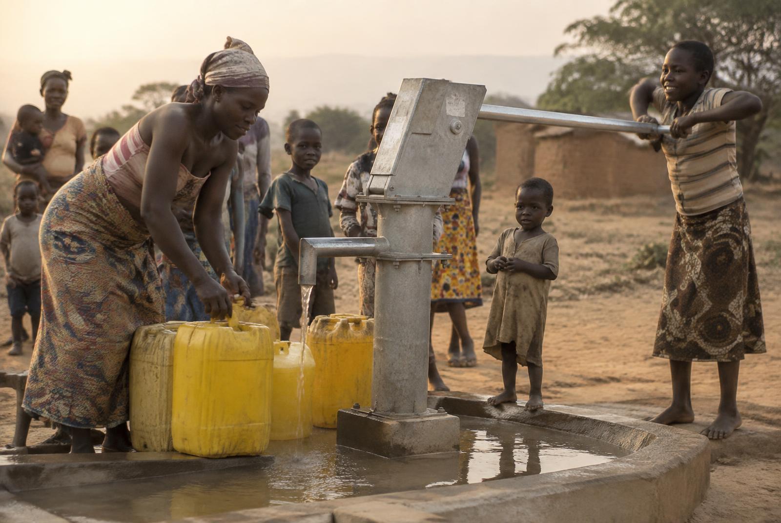 Villagers filling jerrycans at a newly built hand-pump water well
